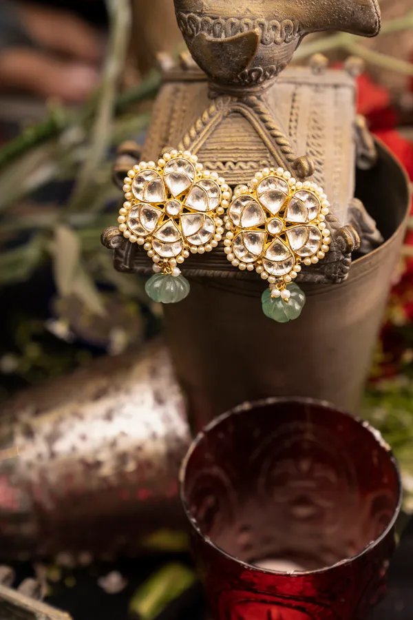 Gold & White Flower With Pearls Green Drop Earrings