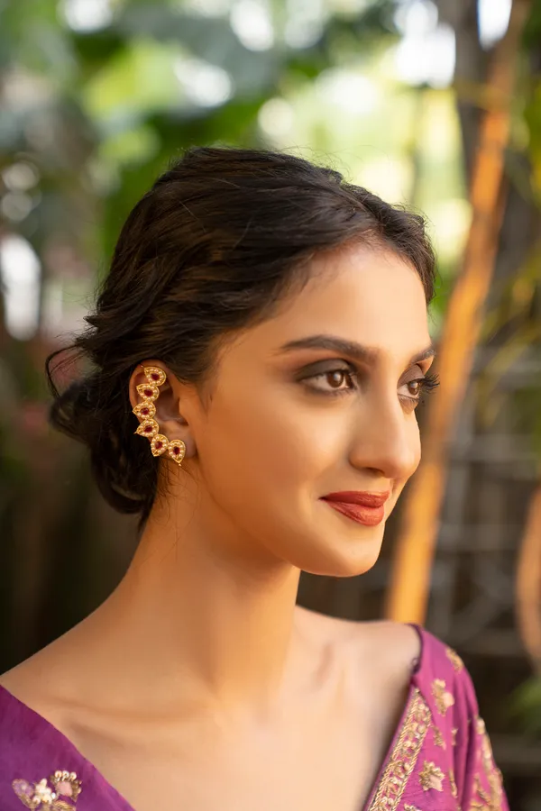 Red Kundan Earcuff Earrings With Pearls