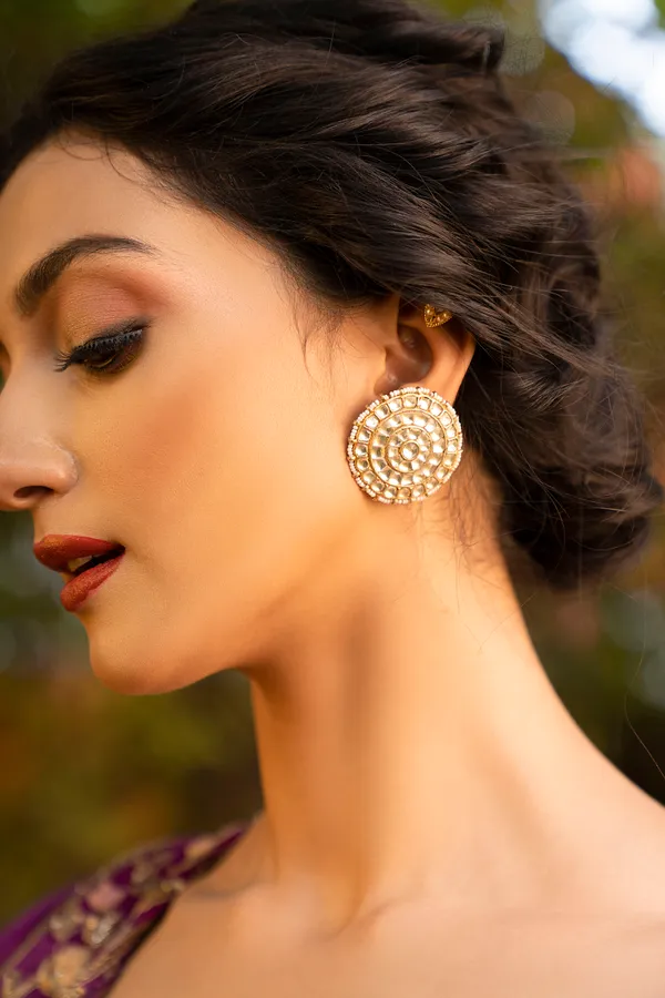 Statement Gold & White Kundan Round Center Earrings