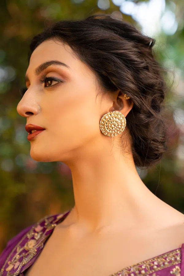 Statement Gold & White Kundan Round Center Earrings