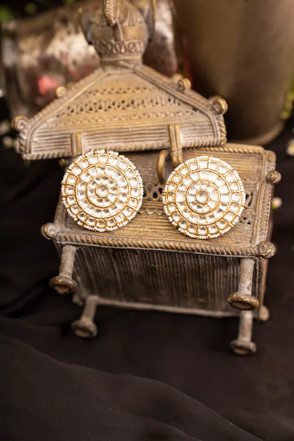 Statement Gold & White Kundan Round Center Earrings
