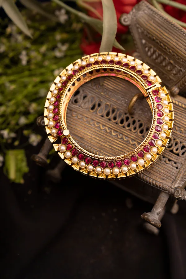 Pink Kundan Gold & White Pearls Kada