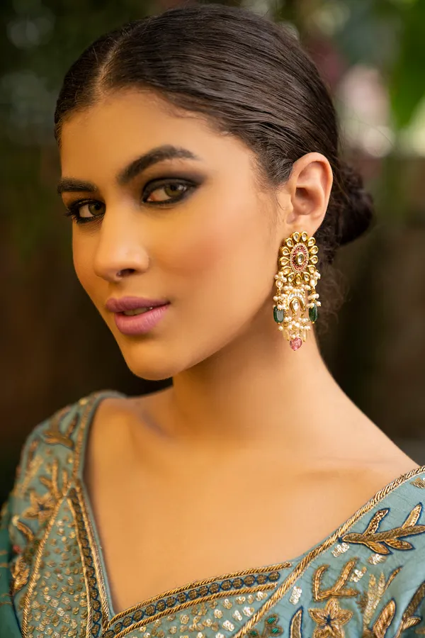 Red Meena Kundan Earrings With Green & Yellow Drops