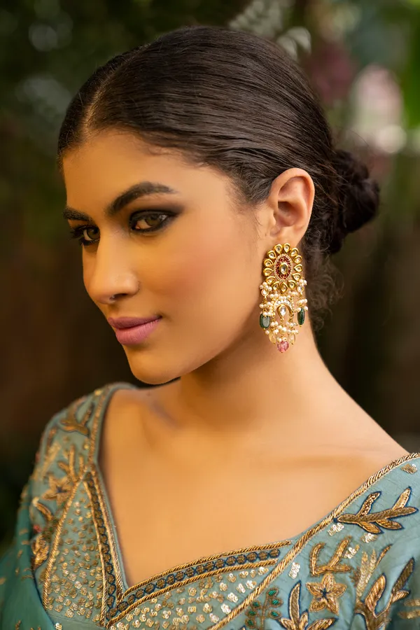 Red Meena Kundan Earrings With Green & Yellow Drops