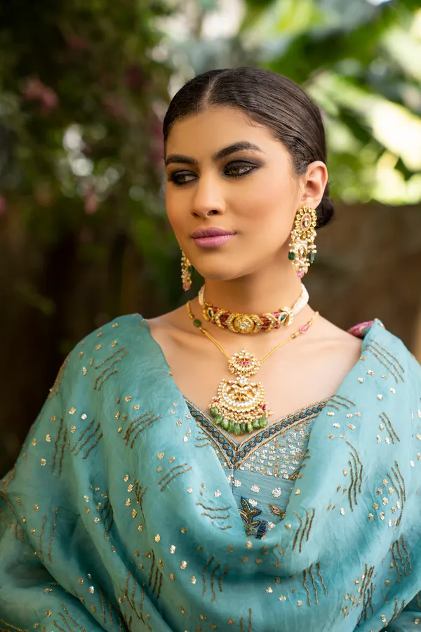 Red Meena Kundan Earrings With Green & Yellow Drops