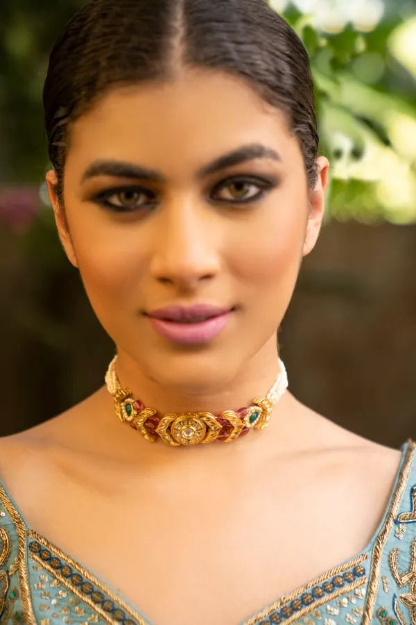 Gold Green Kundan With Tourmaline Drops Choker Necklace