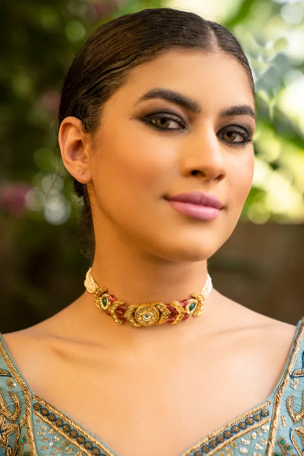 Gold Green Kundan With Tourmaline Drops Choker Necklace