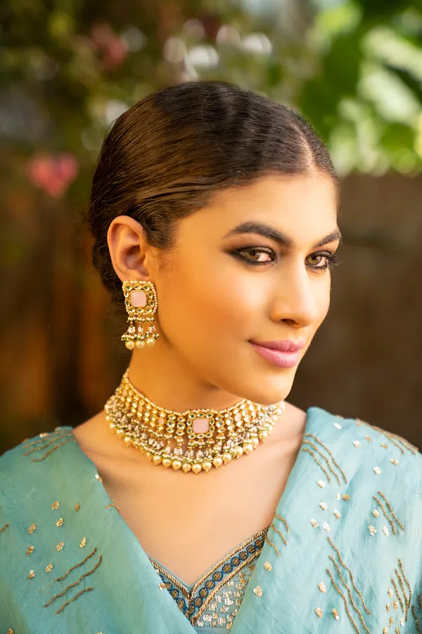 Pink Rose Quartz Kundan Choker Necklace With Pearl Drops