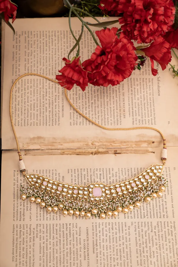 Pink Rose Quartz Kundan Choker Necklace With Pearl Drops