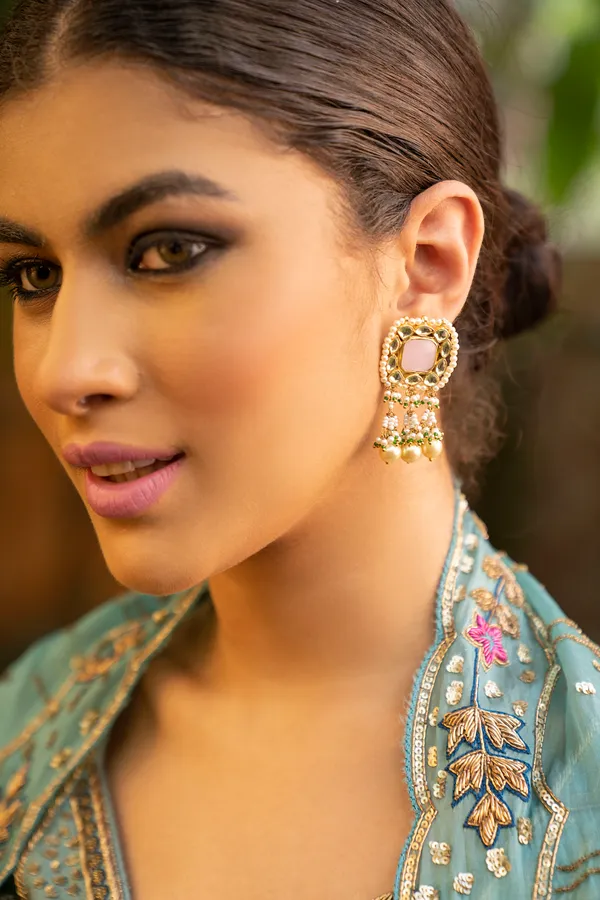 Pink Rose Quartz Kundan Earrings With Pearl Drops