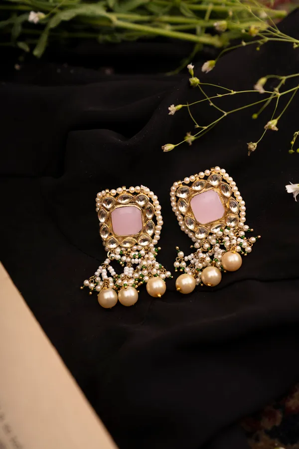 Pink Rose Quartz Kundan Earrings With Pearl Drops