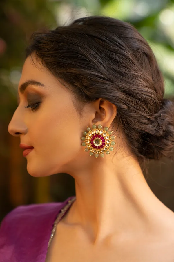 Gold & White Round Pink Kundan Studs Earrings With Green Stones