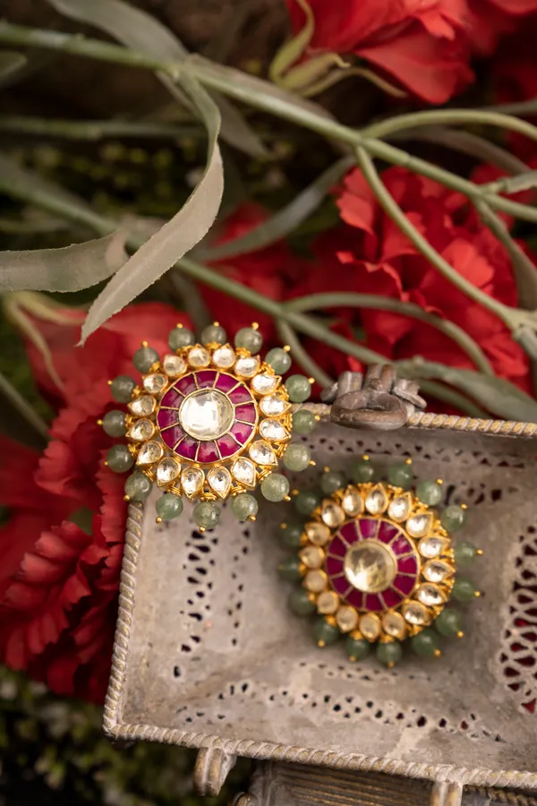 Gold & White Round Pink Kundan Studs Earrings With Green Stones