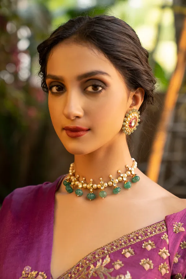 Gold & White Kundan Pearls Necklace With Green Drops