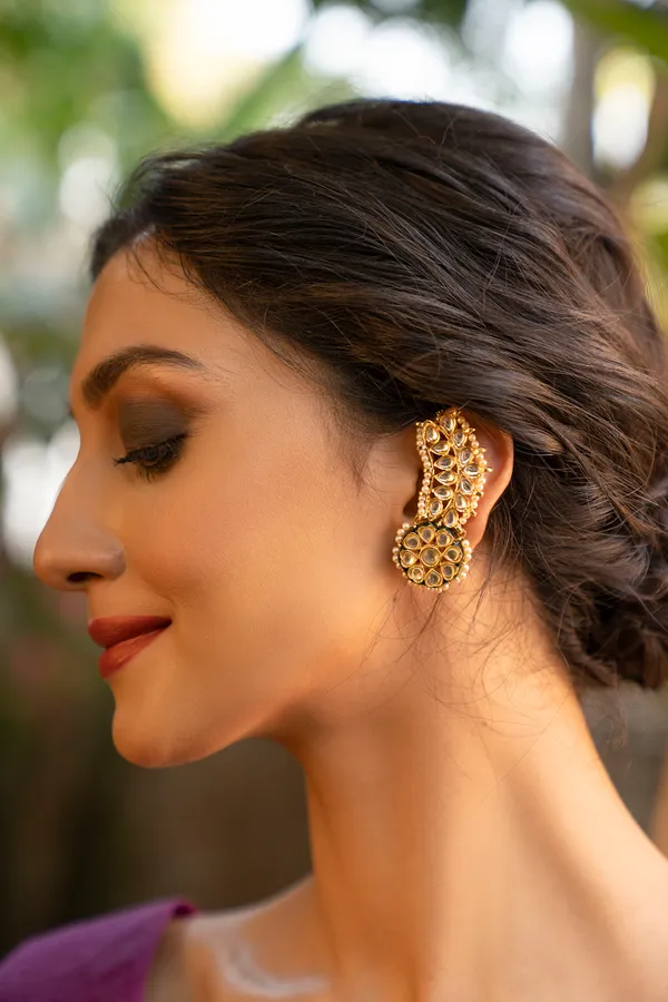 Gold & White Green Meenakari Pearls Earcuffs