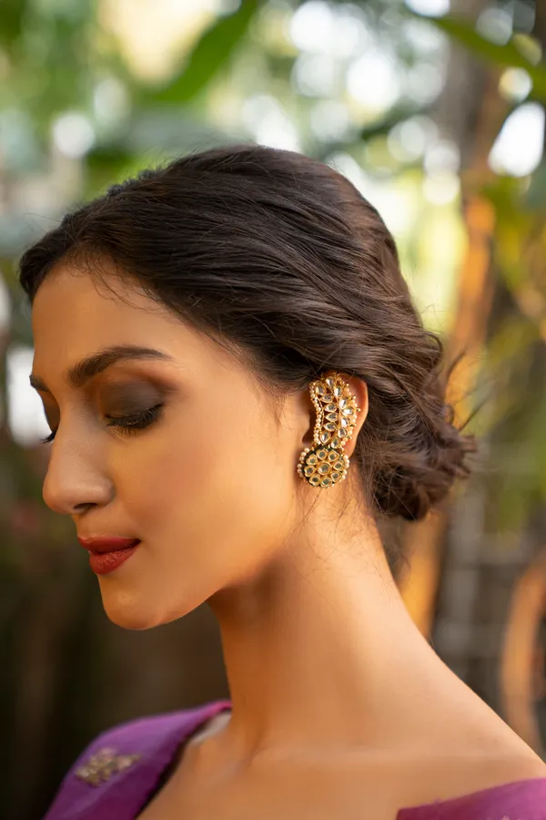 Gold & White Green Meenakari Pearls Earcuffs