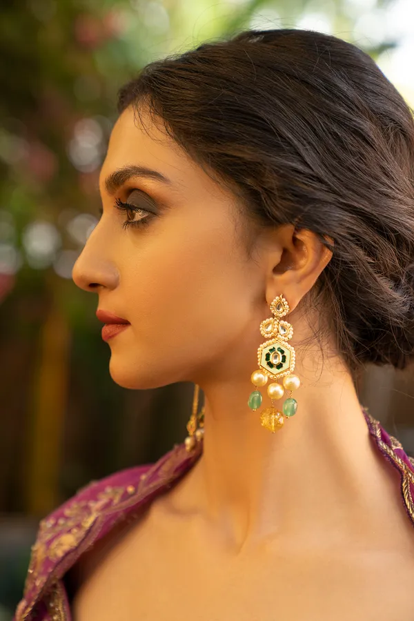 Pastel Green Meena Pearl Earrings With Pink & Green Drops