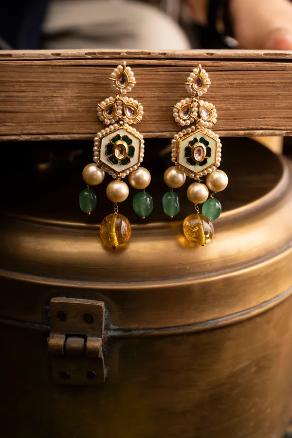 Pastel Green Meena Pearl Earrings With Pink & Green Drops