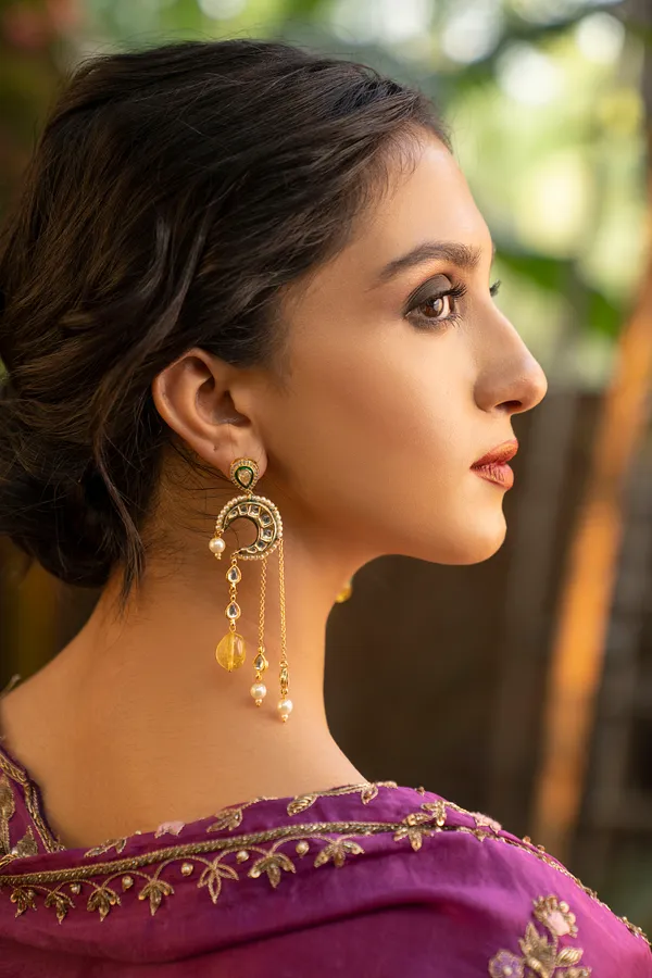 Green Meena Chand Pearl Drop Earrings with Yellow Stones
