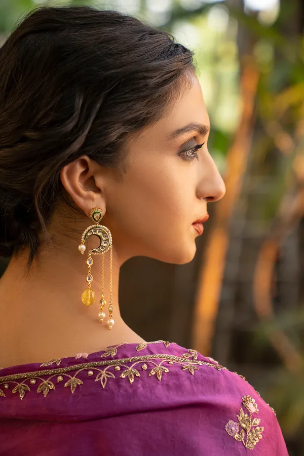 Green Meena Chand Pearl Drop Earrings with Yellow Stones