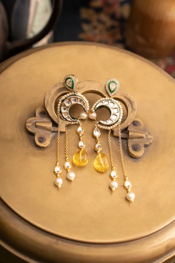 Green Meena Chand Pearl Drop Earrings with Yellow Stones
