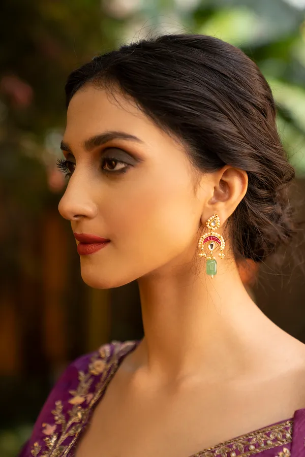 Red Kundan Chand Green Drop Earrings