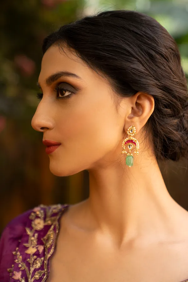 Red Kundan Chand Green Drop Earrings
