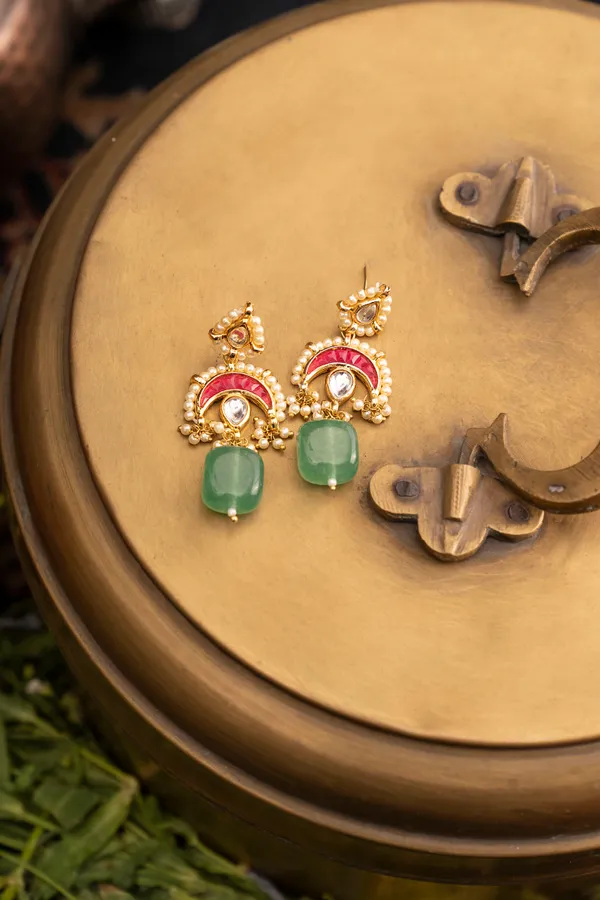 Red Kundan Chand Green Drop Earrings