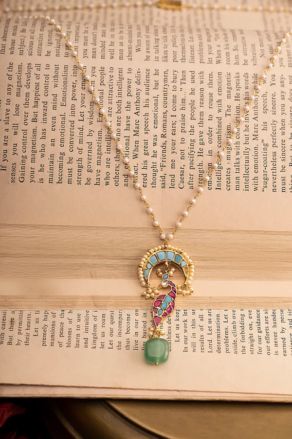 Feroza Chand Red Kundan Green Drop Pendant Necklace