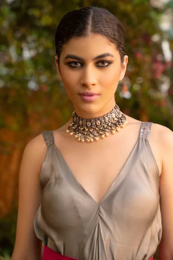 Dual Tone Zirconia Necklace With Pearls Set