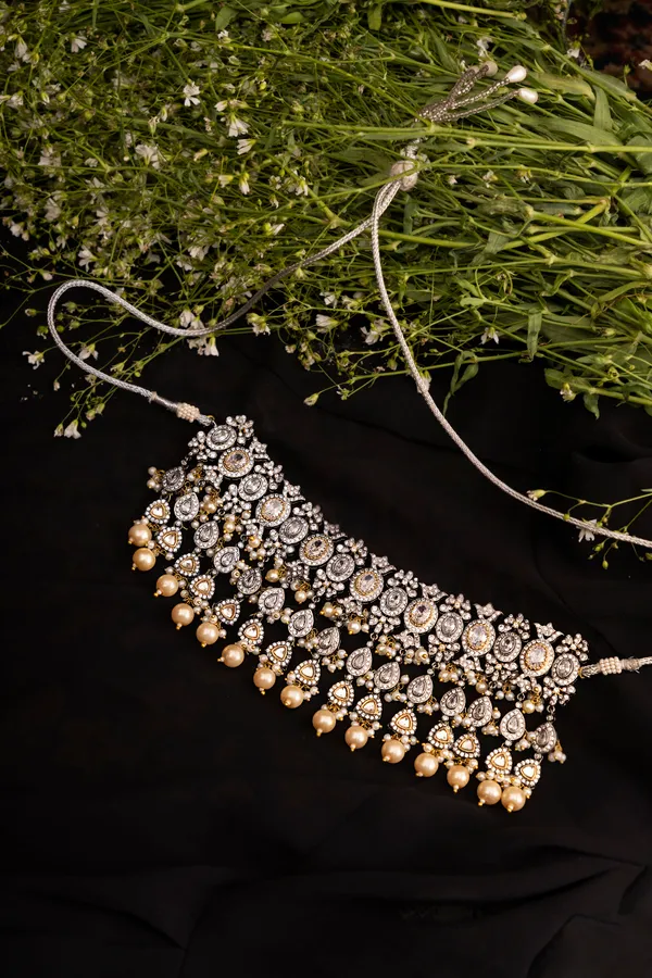 Dual Tone Zirconia Necklace With Pearls Set