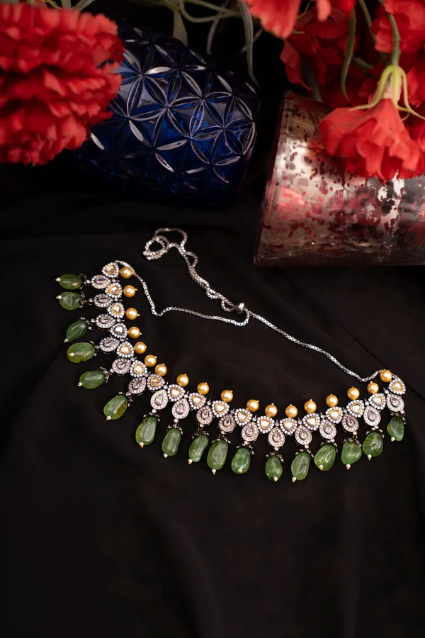 Gold & Silver Triangle Zirconia Necklace With Pearls & Green Drops
