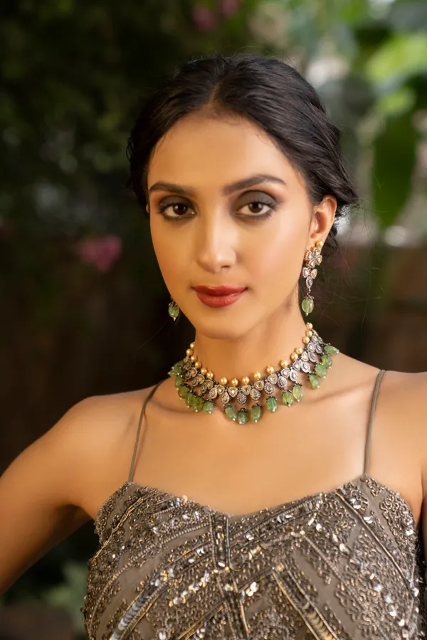 Gold & Silver Triangle Zirconia Necklace With Pearls & Green Drops