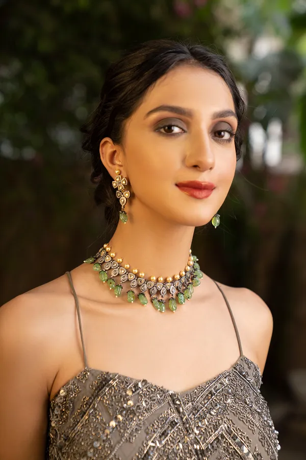 Gold & Silver Triangle Zirconia Necklace With Pearls & Green Drops