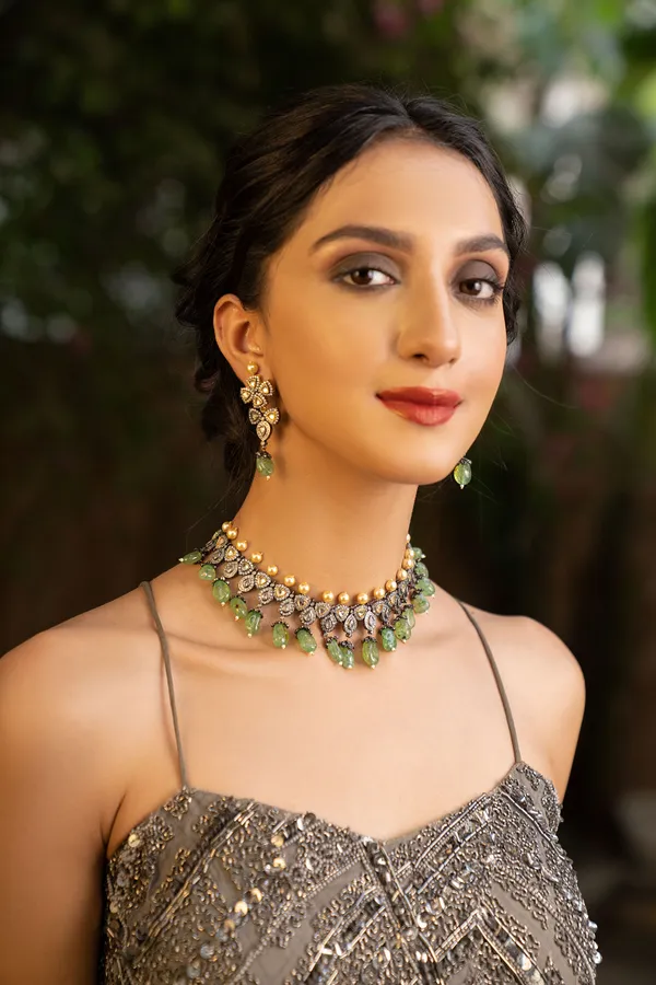 Gold & Silver Triangle Zirconia Necklace With Pearls & Green Drops Set