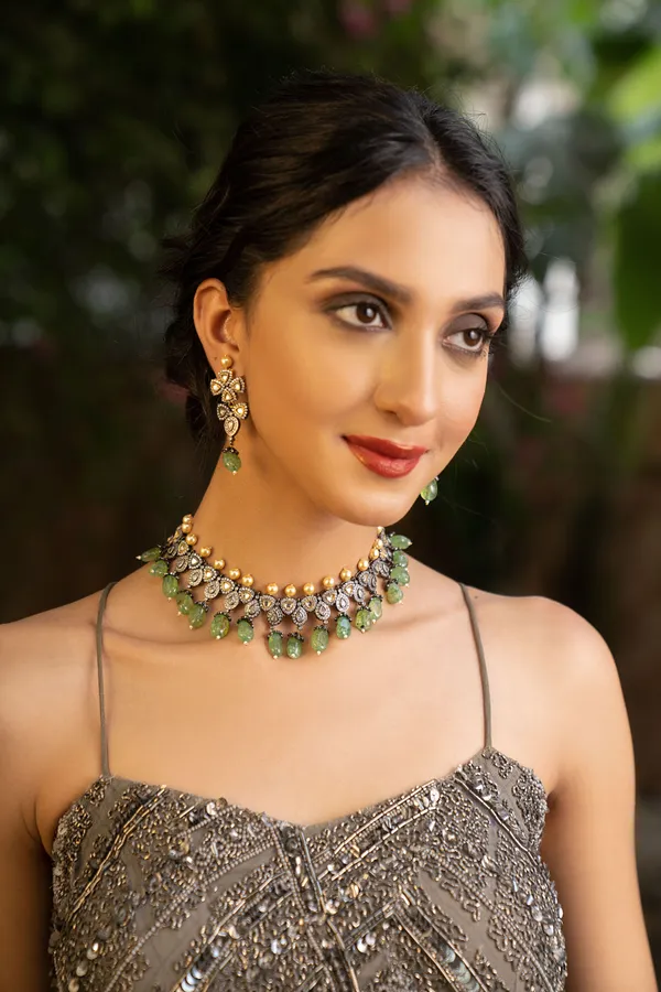 Gold & Silver Triangle Zirconia Necklace With Pearls & Green Drops Set