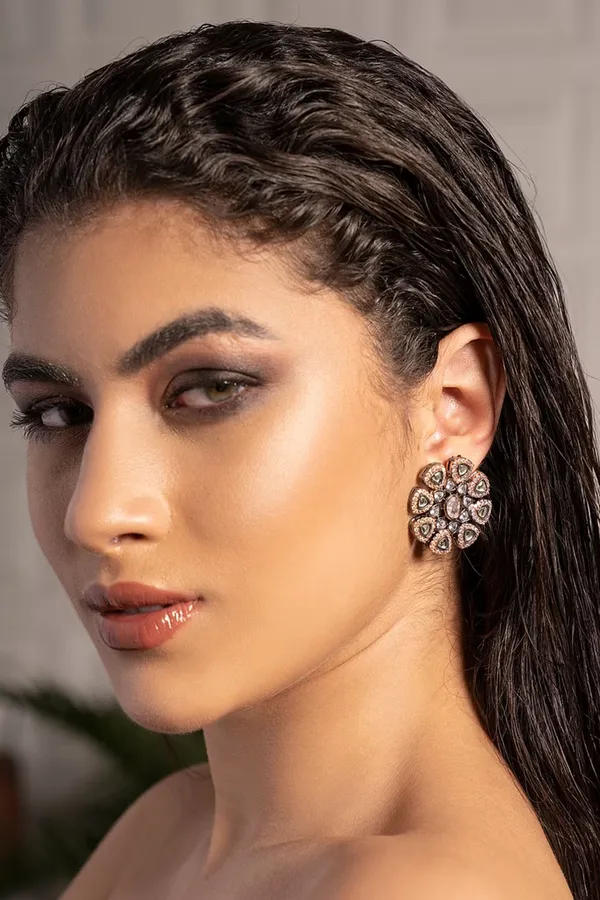 Dual Finish Triangle Flower Zirconia Studs Earrings