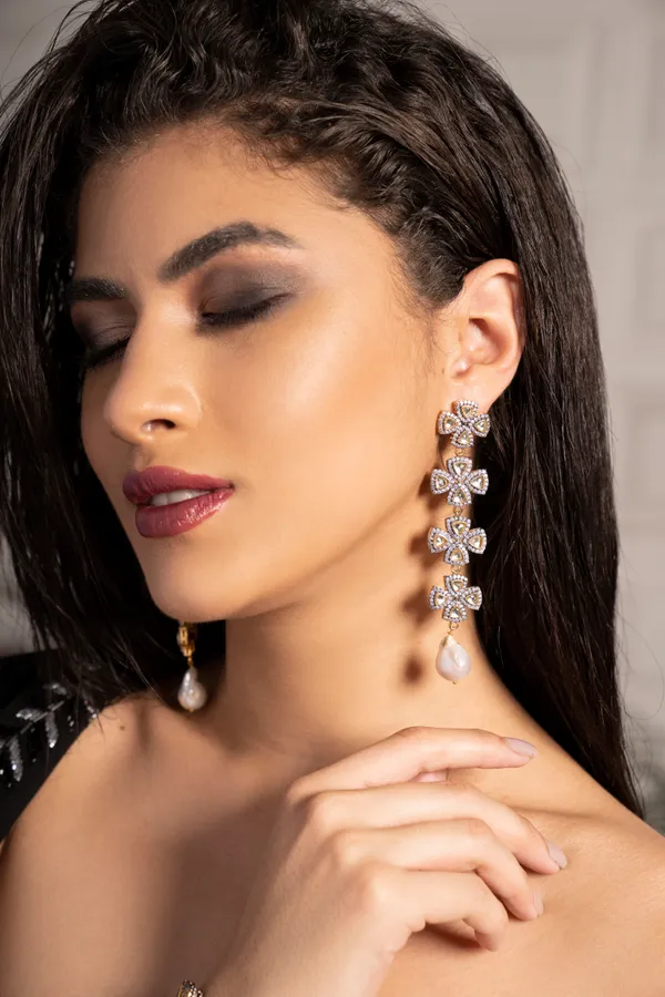 Gold & White Layered Zirconia Earrings With Baroque Pearls