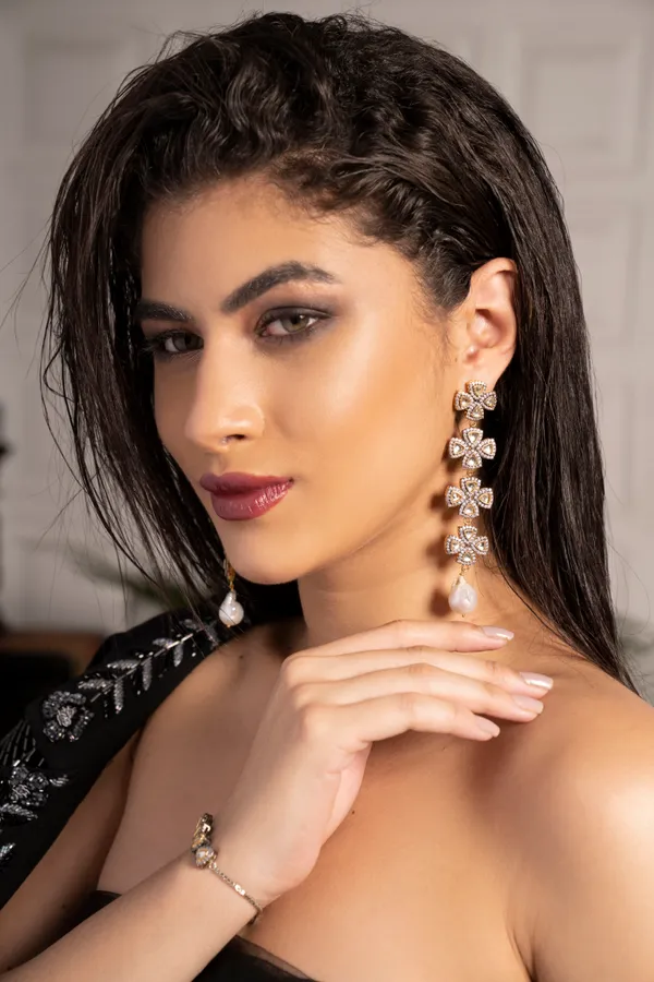 Gold & White Layered Zirconia Earrings With Baroque Pearls