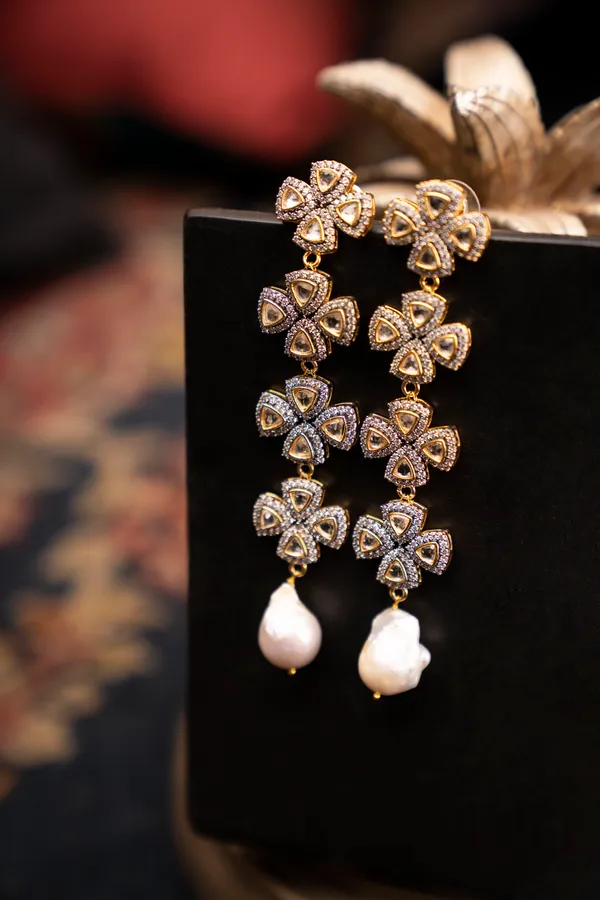 Gold & White Layered Zirconia Earrings With Baroque Pearls