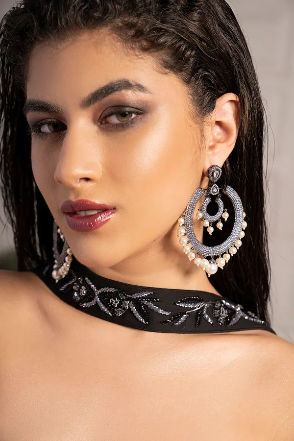 Silver Zirconia Chandbali Earrings With Pearls