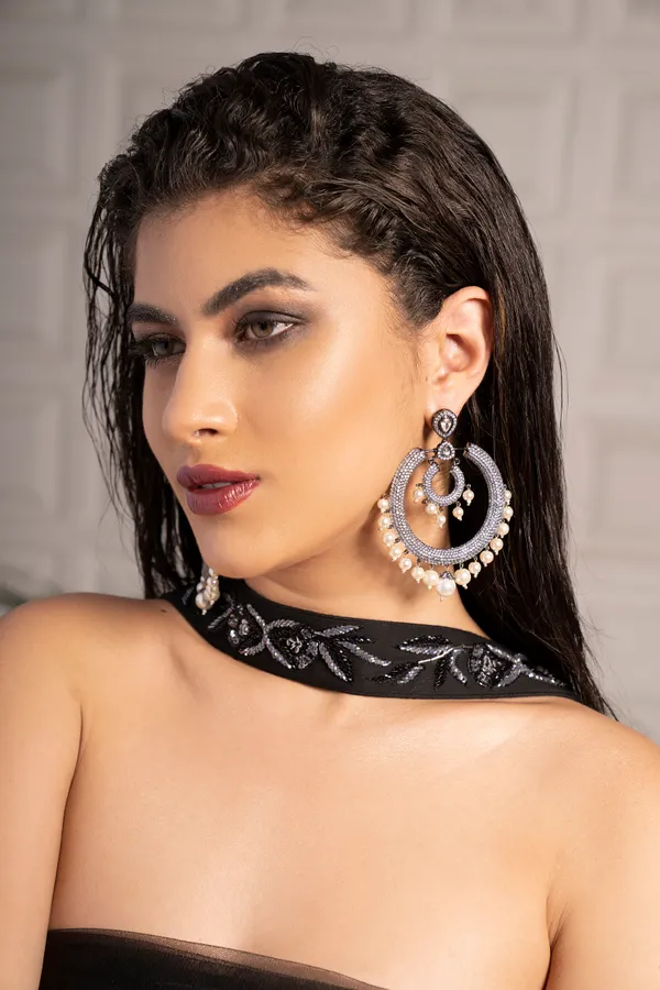 Silver Zirconia Chandbali Earrings With Pearls