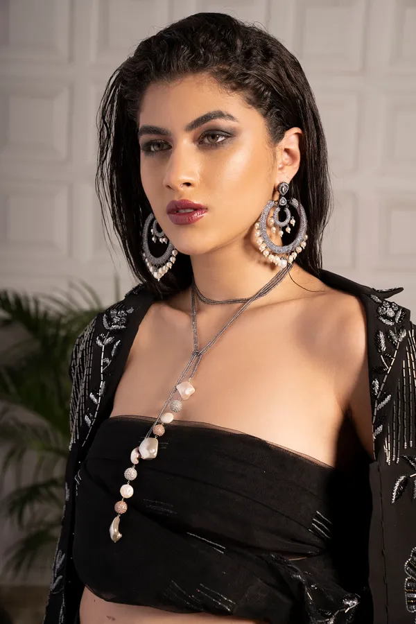 Silver Zirconia Chandbali Earrings With Pearls