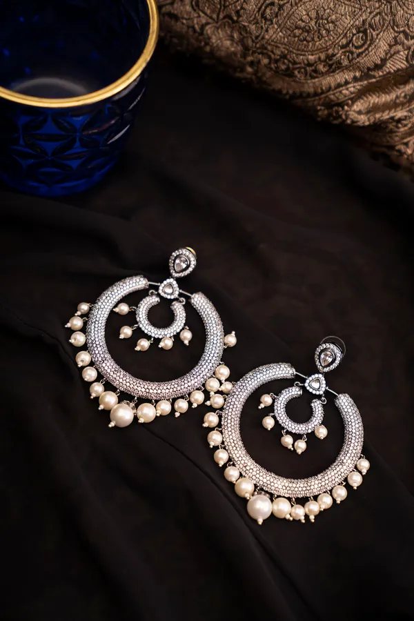 Silver Zirconia Chandbali Earrings With Pearls
