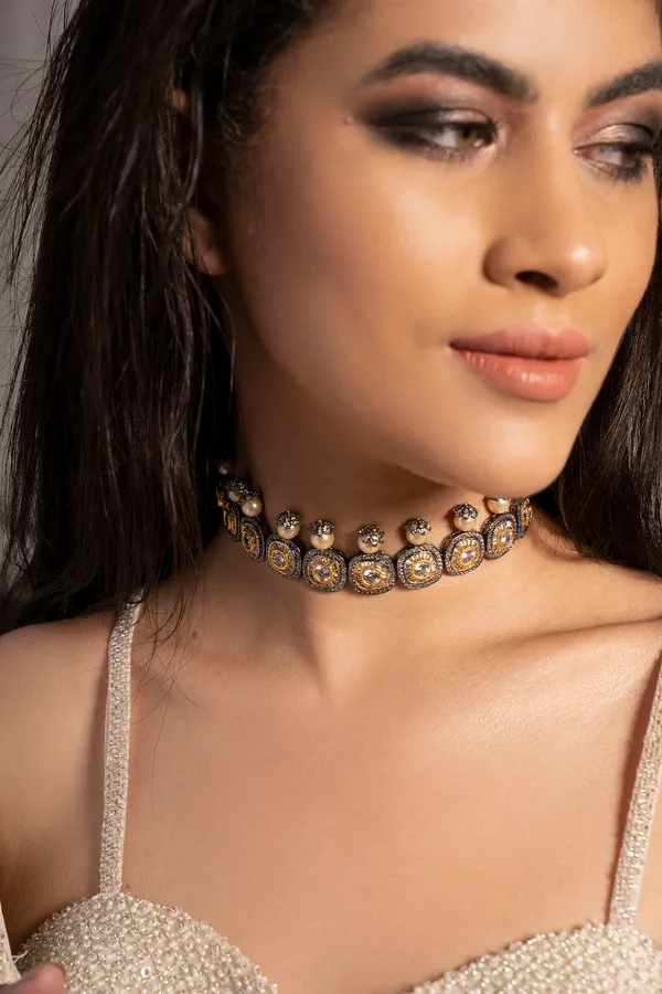 Gold & White Flower Zirconia Necklace With Pearl Drops