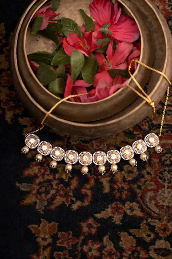 Gold & White Flower Zirconia Necklace With Pearl Drops
