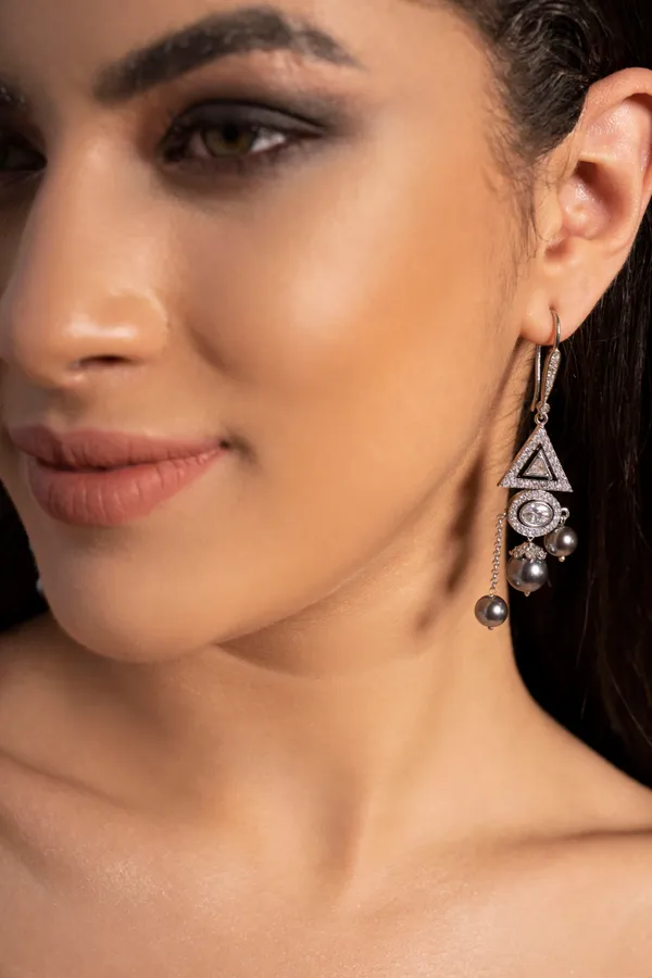 Triangle Zircon Grey Pearl Drop Dangling Earrings