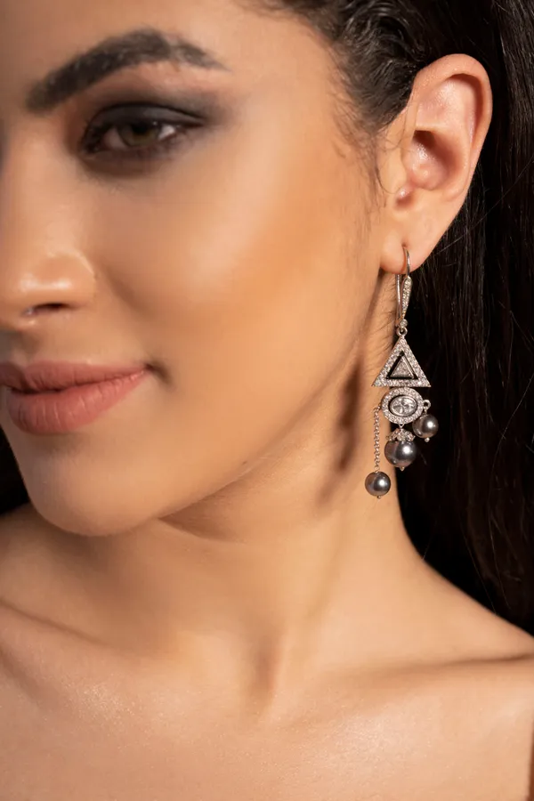 Triangle Zircon Grey Pearl Drop Dangling Earrings