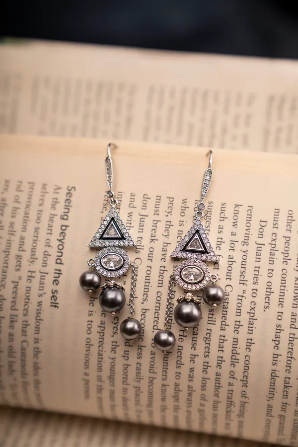 Triangle Zircon Grey Pearl Drop Dangling Earrings
