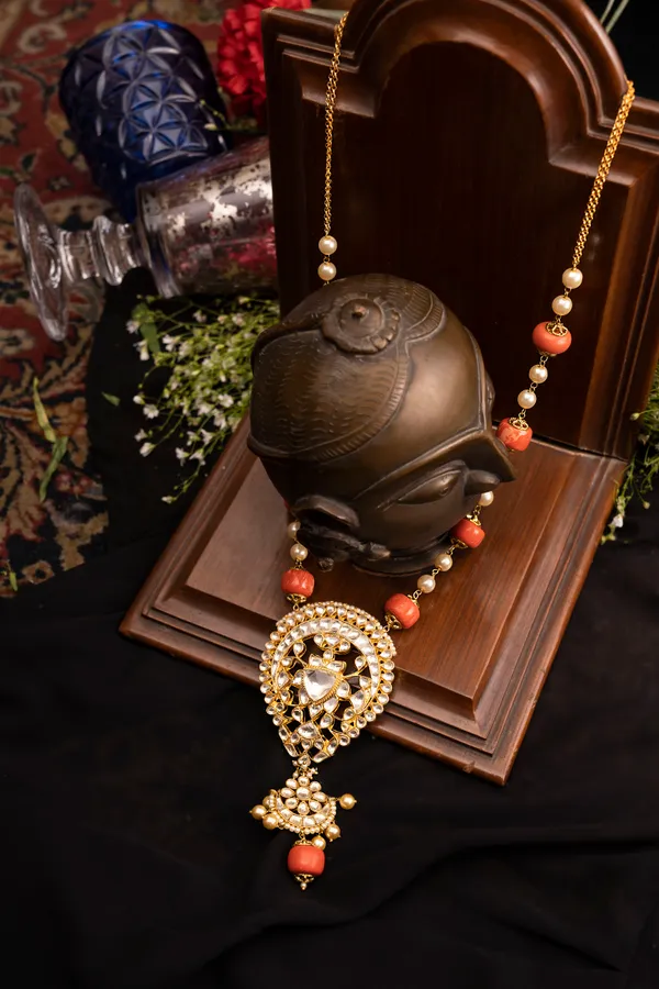 Gold & White Kundan Necklace With Coral Stones and Pearls